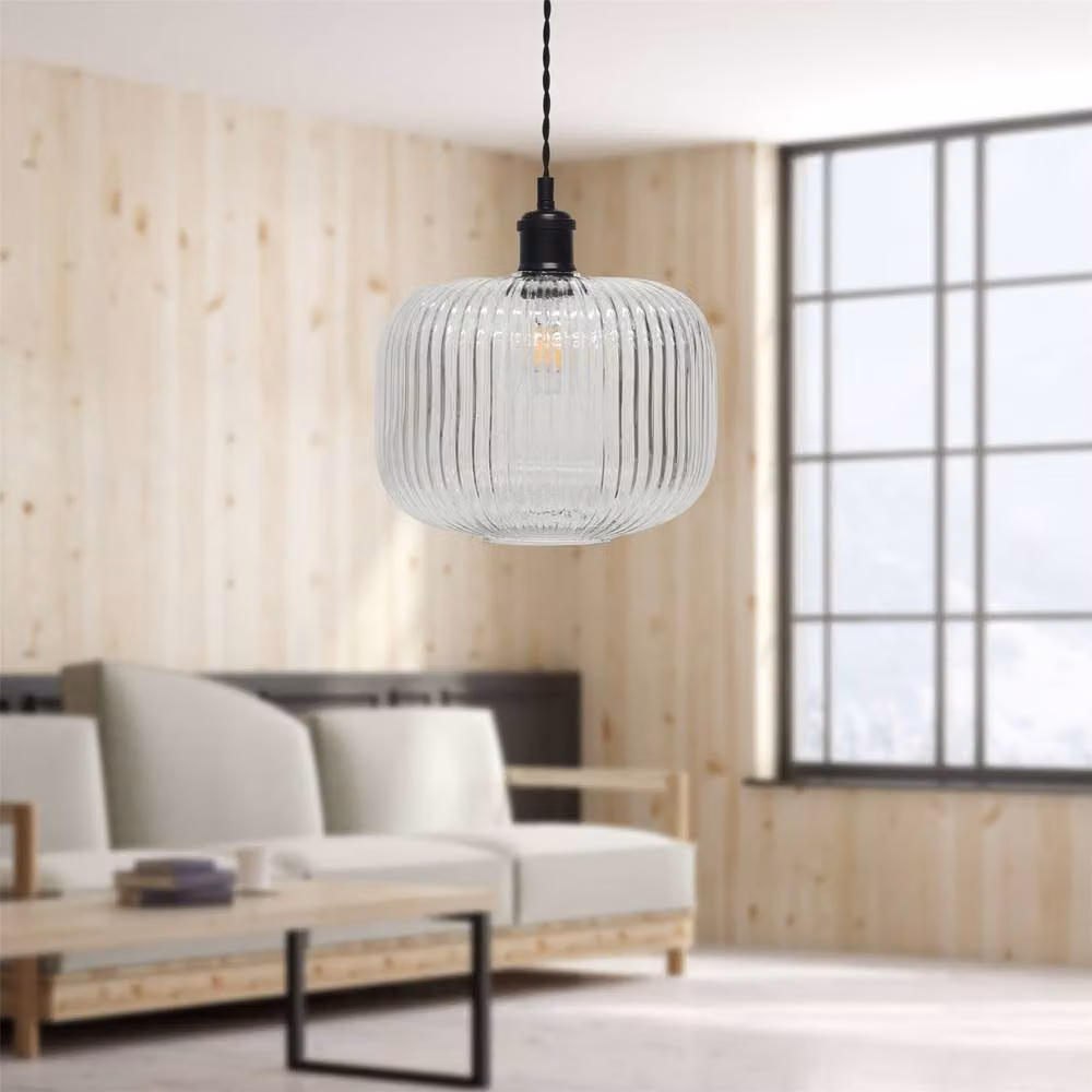 First Choice Lighting Batley Large Retro Pendant Lights, Set of 2, Black and Transparent Ribbed Glass, Height Adjustable – 2