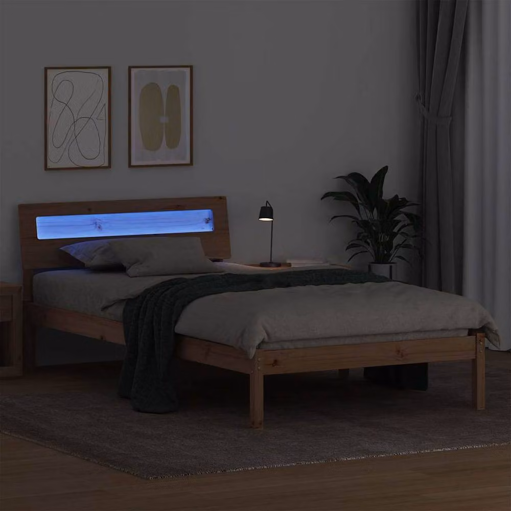 Berkfield Home Modern Solid Pine Wood Bed in Brown with LED Strip Lights, USB Charging Port and Headboard, W/D/H: 90 x 190 x 73 cm – 3