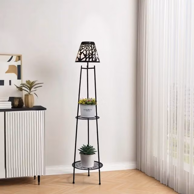 Breeins Double Tier Solar Powered Metal Garden Plant Stand with Integrated LED Lights in Black