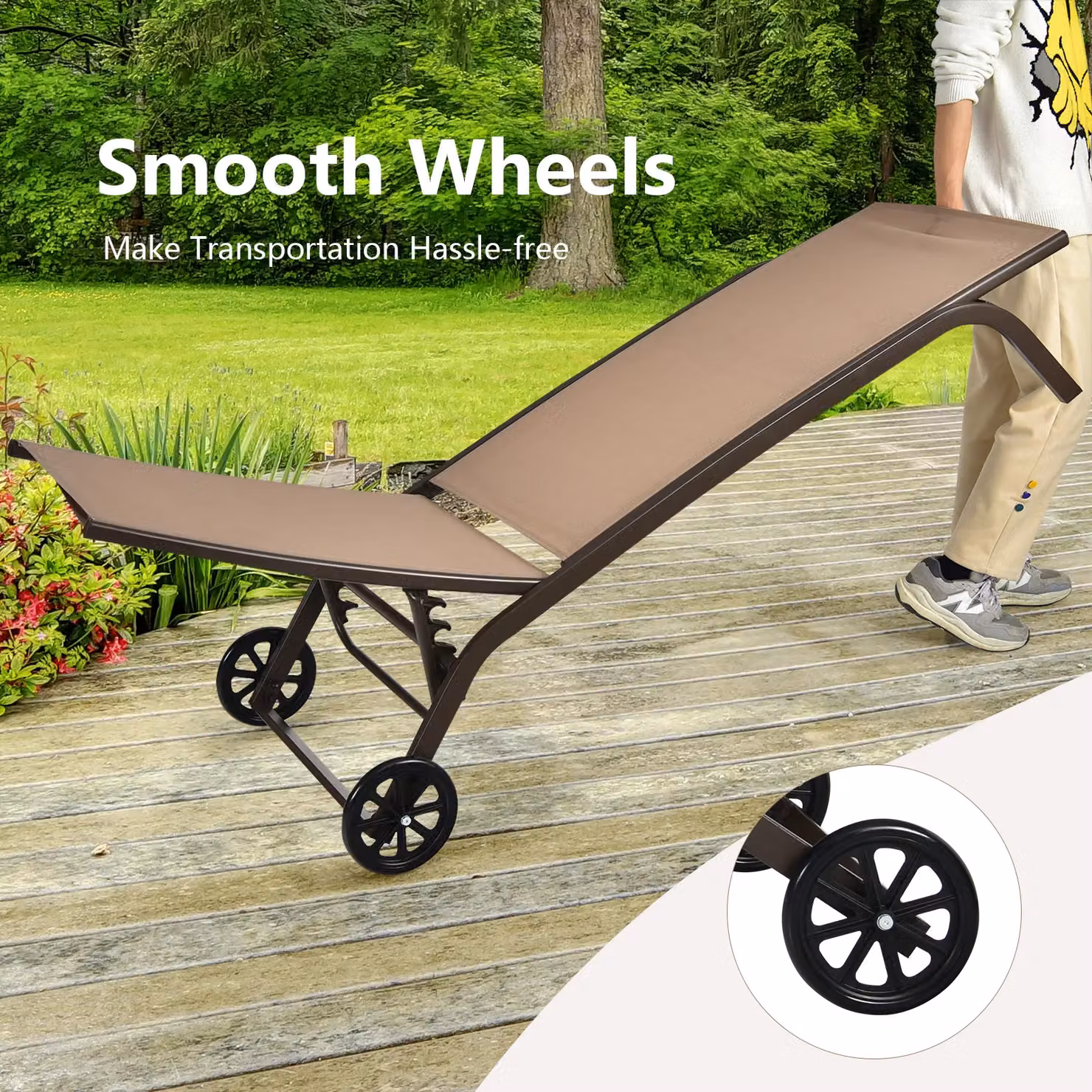 Gymax Adjustable Recliner Patio Chaise Lounge Chair with Wheels in Beige – 5