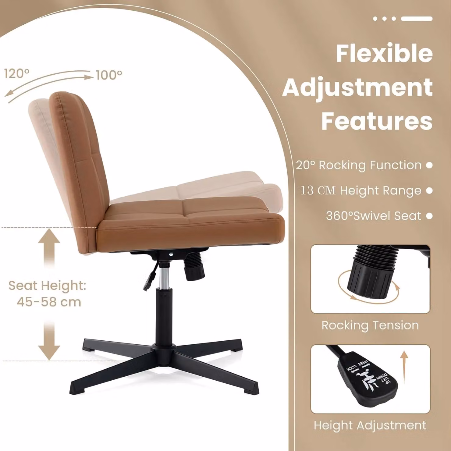Gymax Brown Upholstered Swivel Office and Vanity Chair with Adjustable Height – 5