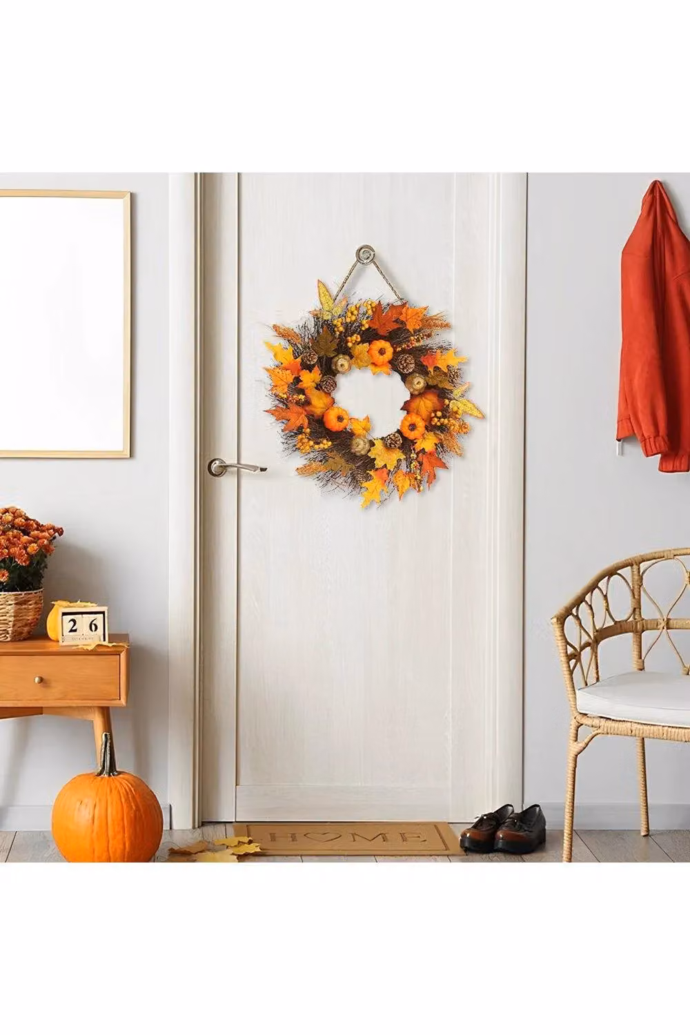 H&O Direct Orange Rattan Autumn Wreath with Maple Leaves, Pumpkins, Berries and 2m Copper Wire Lights, Diameter: 45 cm – 2
