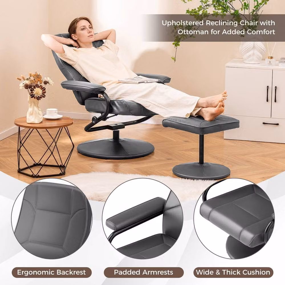 Costway Grey 360 Swivel Reclining Chair with Adjustable Backrest and Ottoman – 8
