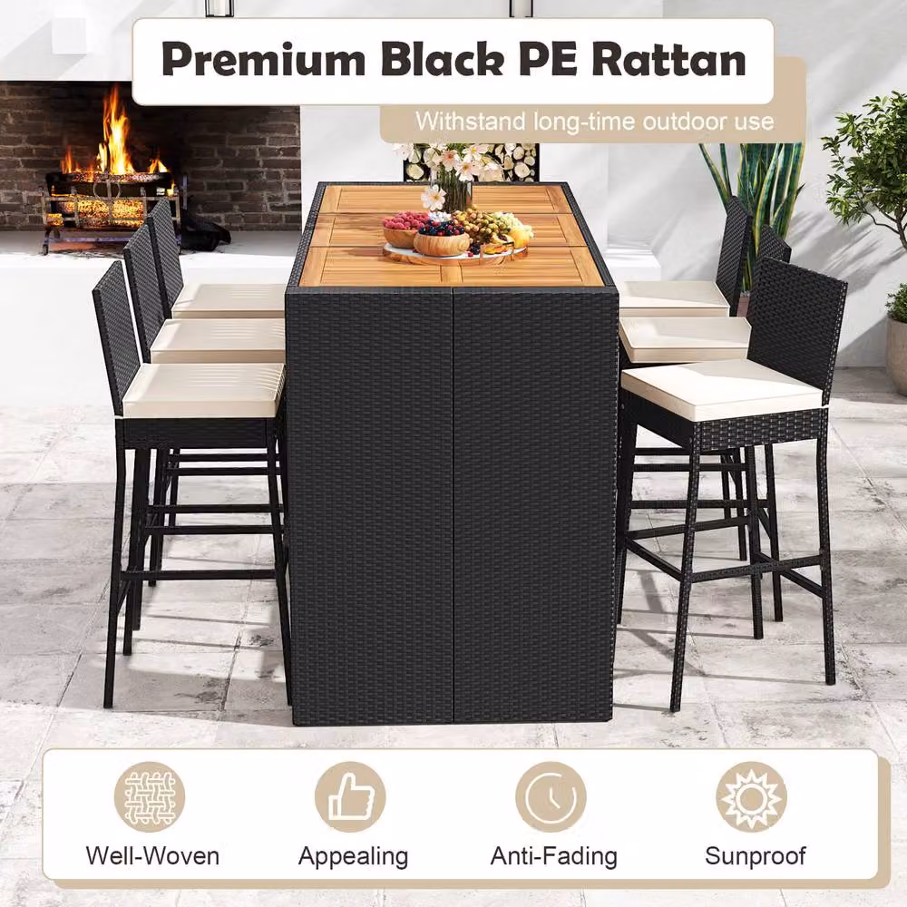 Costway 7 Piece Black Rattan Patio Bar Set with 6 Wicker Bar Height Chairs and Acacia Wood Details – 9