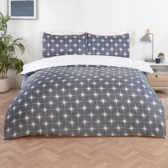 Rapport Home Northern Stars Reversible Microfibre Duvet Set with Pillowcase and Fitted Sheet, Grey and White, W: 180 cm x L: 200 cm