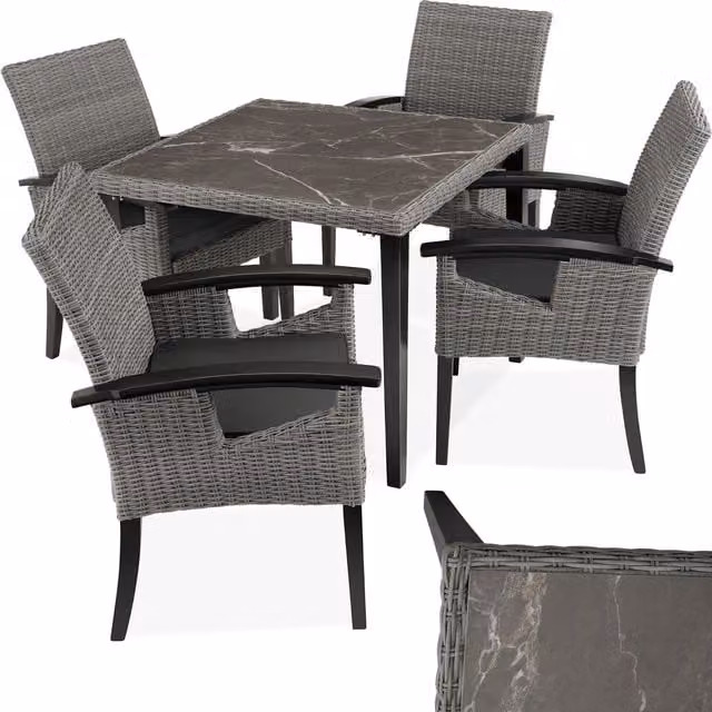 TECTAKE Tarent Garden Table and 4 Rosarno Chairs Set in Grey Polyrattan with Ceramic Top