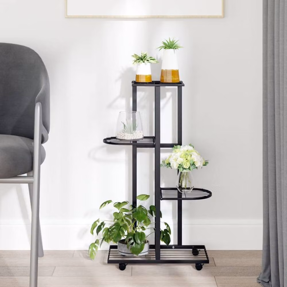 Berkfield Home 4-Tier Metal Flower Stand with Wheels in Black, W/D/H: 44 x 23 x 80 cm – 2