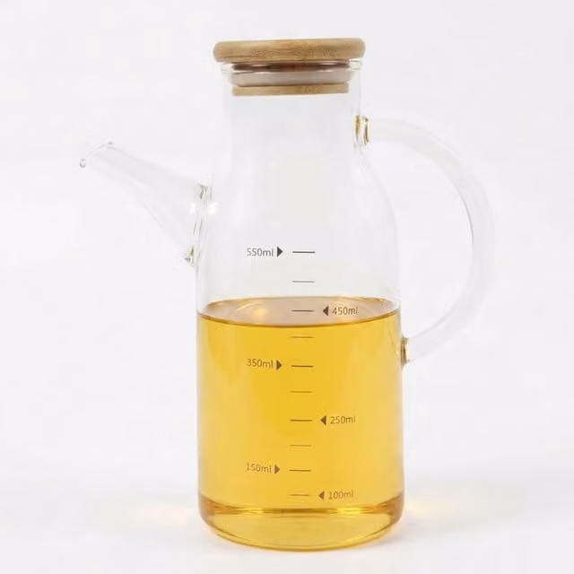 ORNAMI Olive Oil Dispenser and Vinegar Cruet Bottle with Natural Bamboo Lid and Handle, 550ml, Transparent Glass