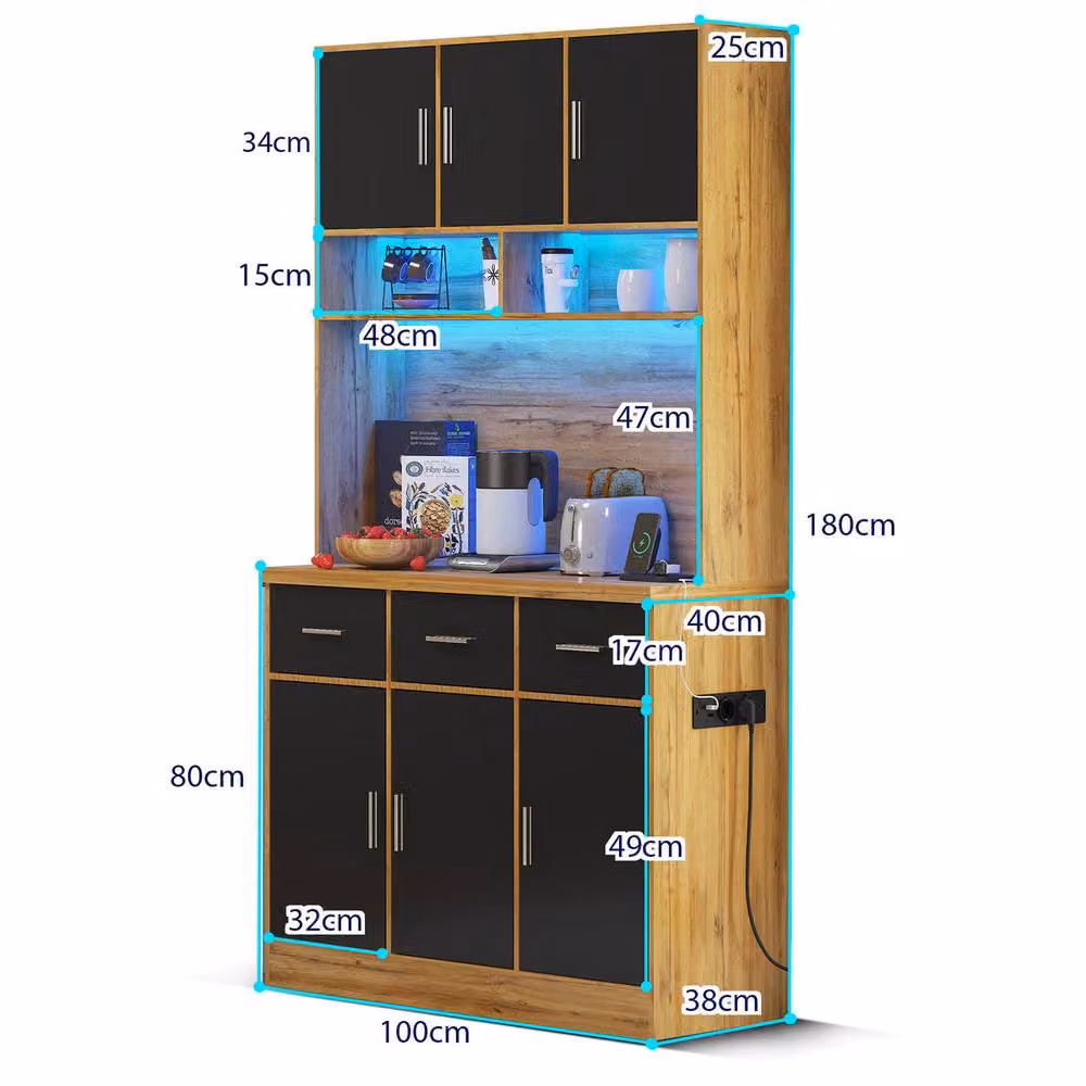 Rolipo Modern Black Matt Kitchen Pantry Cabinet with LED Lighting and Internal Drawers, Height: 180 cm – 5