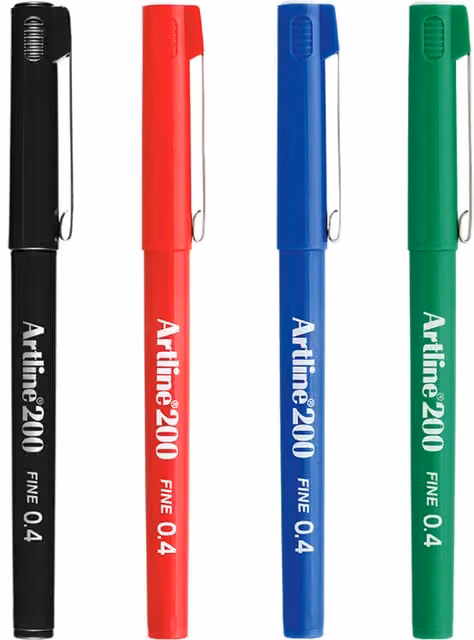 Artline 200 Fineliner Writing Pens in Assorted Colours, Pack of 4
