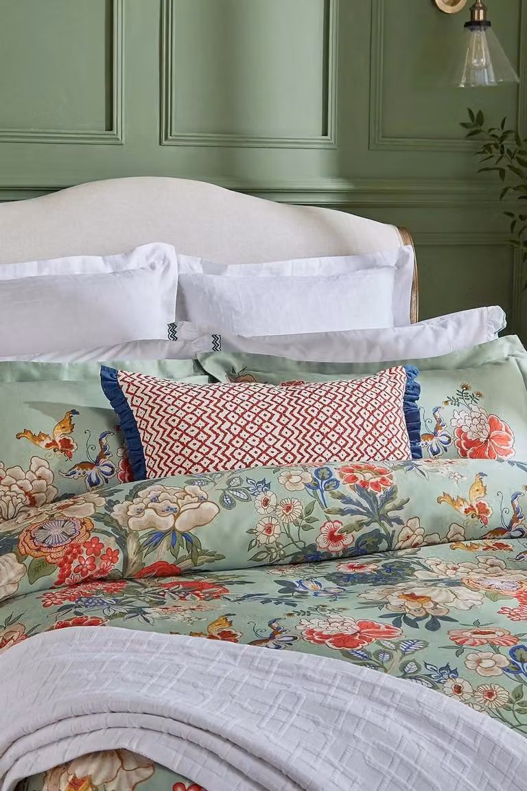 Sanderson Emperor Peony Rectangular Floral Cushion in Green and Apricot, W: 60 cm, H: 40 cm, D: 40 cm
