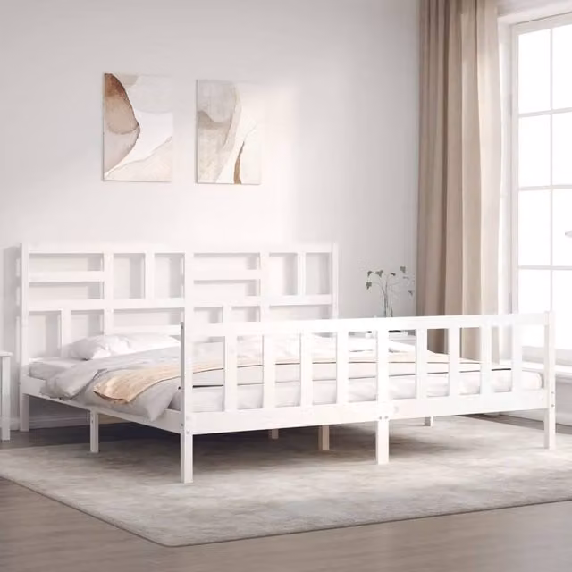 Berkfield Home Super King Size Solid Pine Wood Bed Frame with Headboard in White – 1