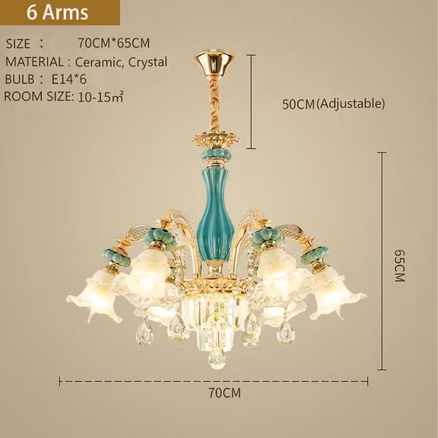 Blue and Gold K9 Crystal Ceramic and Metal Pendant Chandelier, Diameter: 70 cm