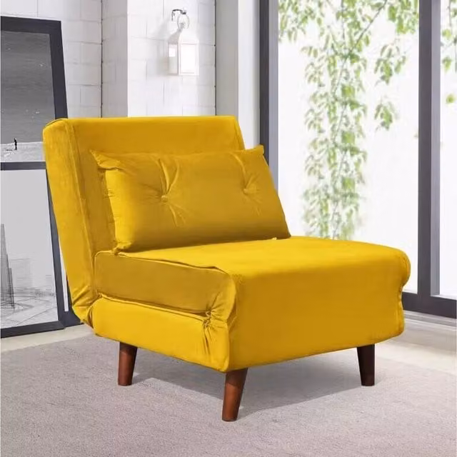 Comfy Living Mid-Century Velvet Fabric Pull Out Sofa Bed Chair in Yellow