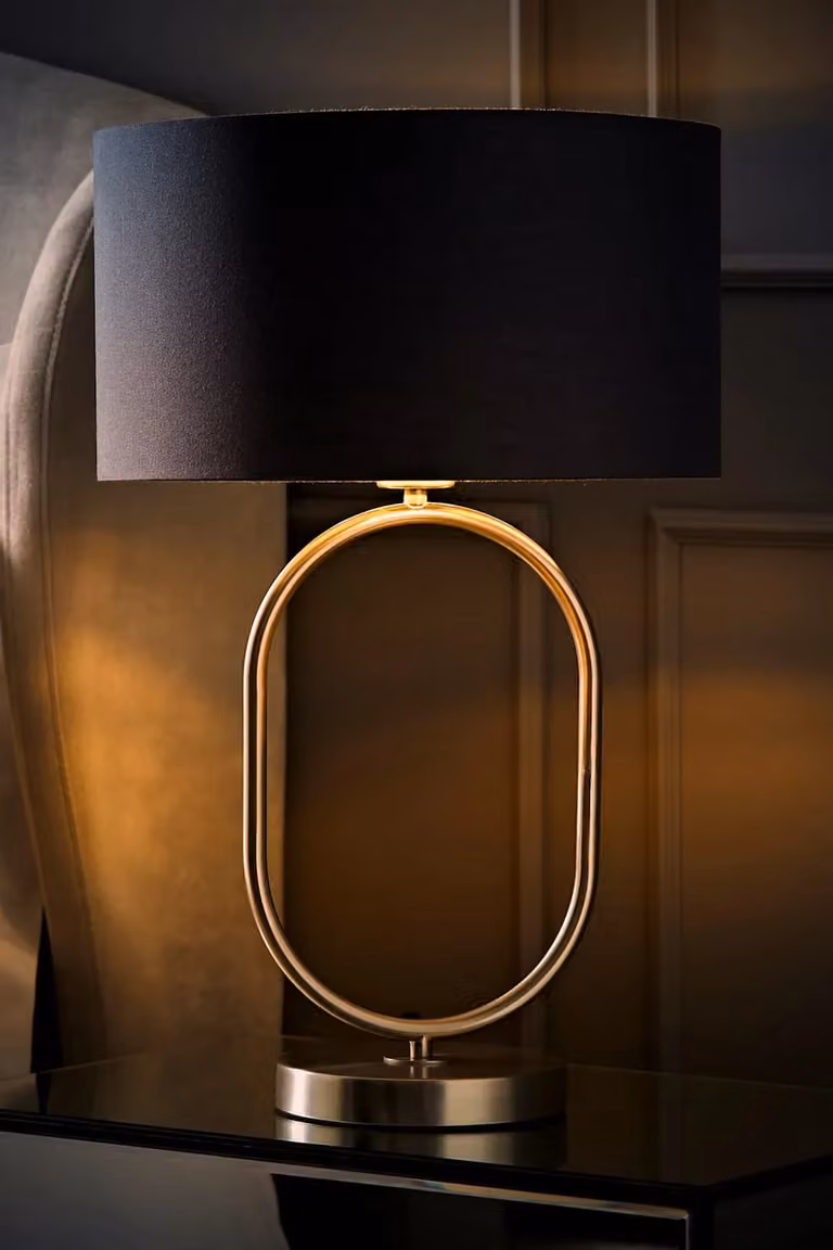 ValueLights Antonia Oval Table Lamp with Charcoal Fabric and Chrome Drum Shade