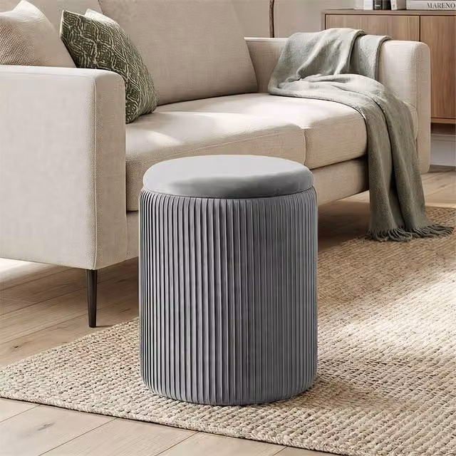 EONLION Grey Round Storage Ottoman with Removable Cover, Diameter: 100 cm