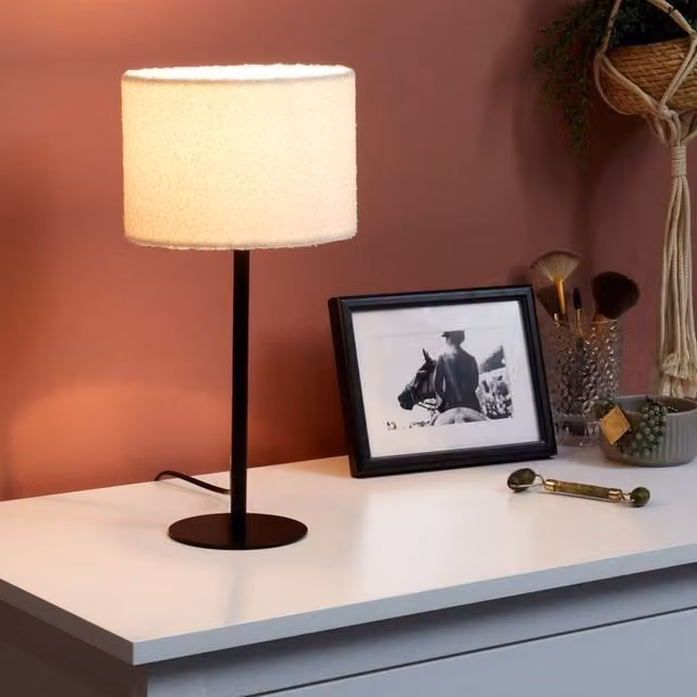 Wyld and Coco Bouclé Drum Shade Bedside Lamp in White with Metal Base, Diameter: 40 cm