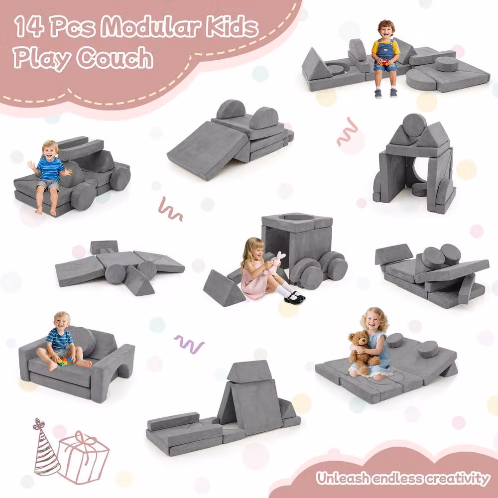 Costway 14 Piece Modular Kids Play Couch Sectional Sofa in Grey Microfibre Fabric – 4