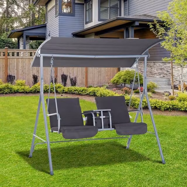OUTSUNNY 2 Person Covered Patio Swing with Pivot Table and Storage Console in Grey