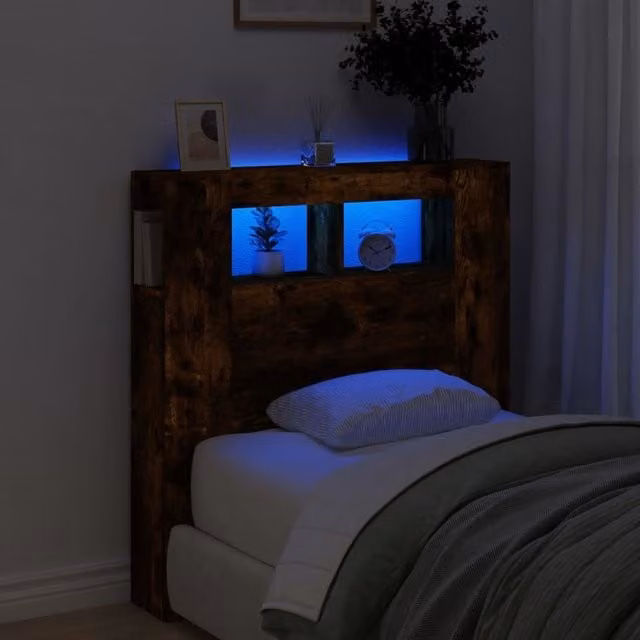Berkfield Home LED Headboard in Smoked Oak Brown with Integrated Lighting, Shelf and USB Charging Port, W/D/H: 100 x 18.5 x 103.5 cm
