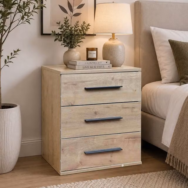 Modern Oak 3 Drawer Bedside Cabinet in Brown and Beige