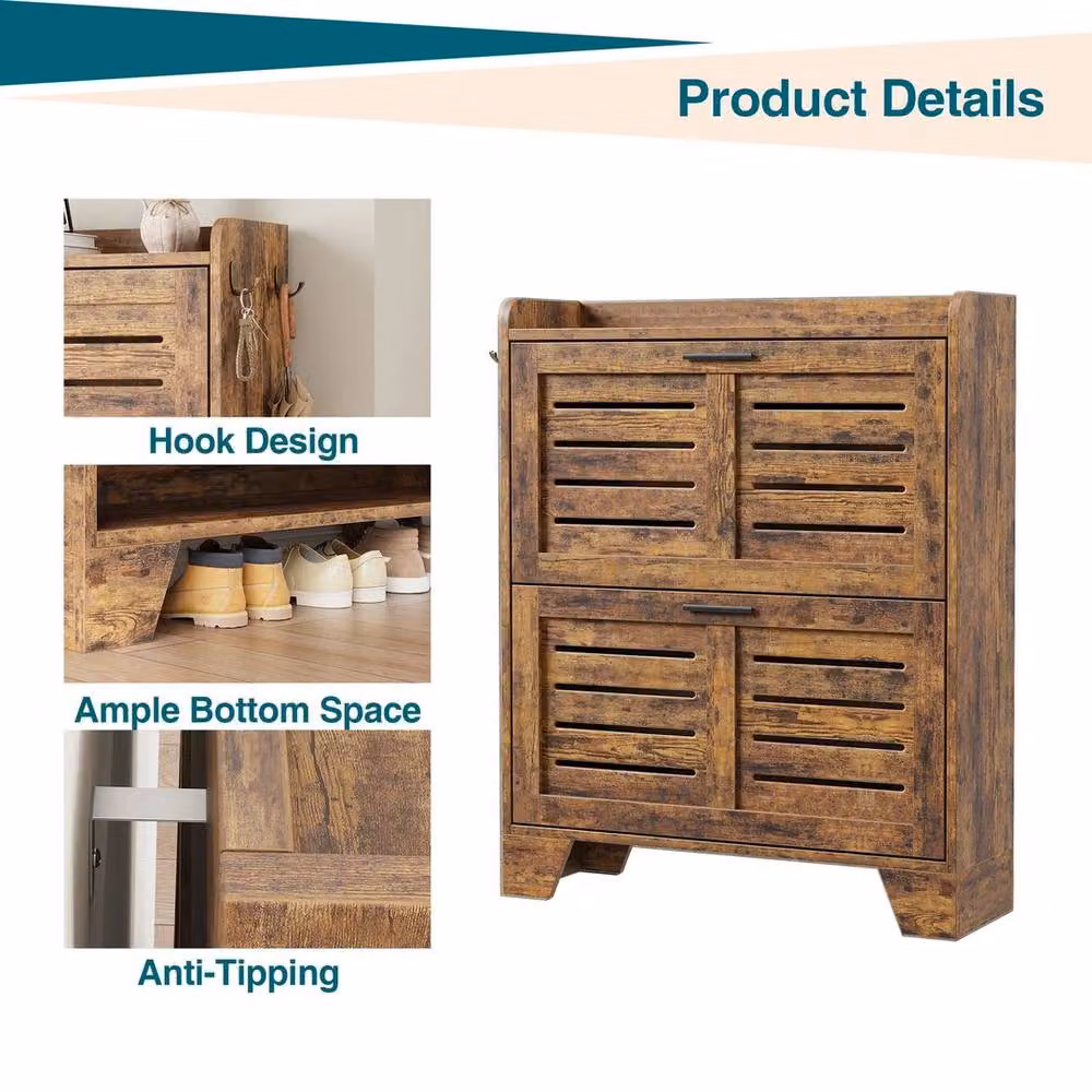 KORVIXA Brown Rustic Tilt-out Shoe Cabinet with Internal Shelves W/D/H: 100 x 100 x 23.88 cm – 3