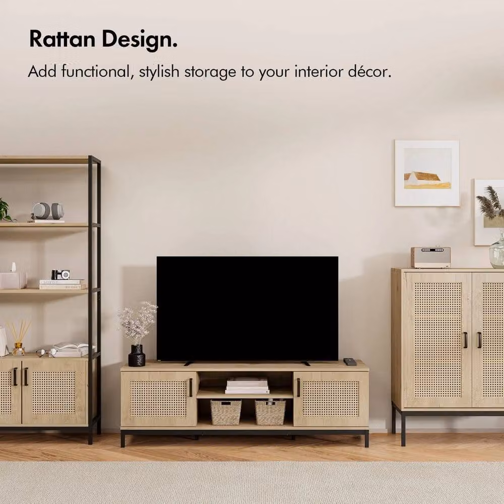 NESTLUNE Brown Rattan Effect TV Stand for Living Room, W: 100 cm, D: 15 cm – 3