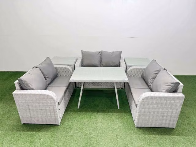 Fimous 6-Seater Patio Set with Rectangular Table, Love Sofa and 2 Side Tables in Light Grey