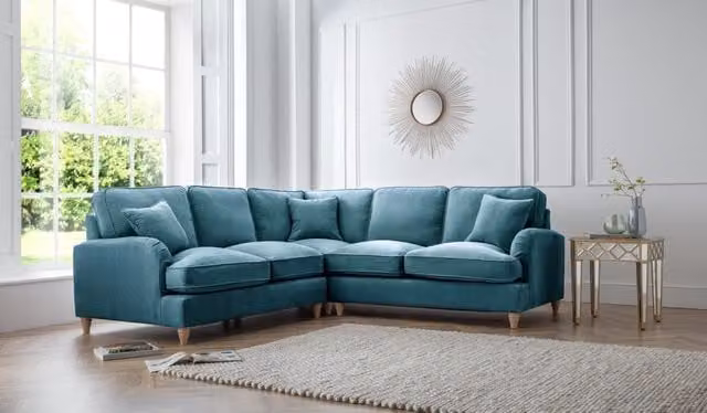 The Great Sofa Company Orla 2 Corner L-Shape Sofa in Emerald Green with Manhattan Ice Fabric and Scatter Cushions