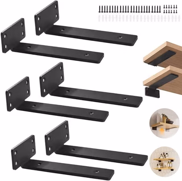 SPETLEK Pack of 6 Heavy Duty Steel Floating Shelf Brackets, Black, 15 cm – 1