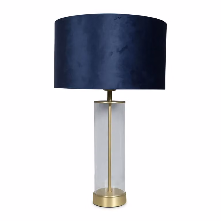 ValueLights Balan Glass and Matt Gold Table Lamp with Navy Blue Velvet Drum Shade