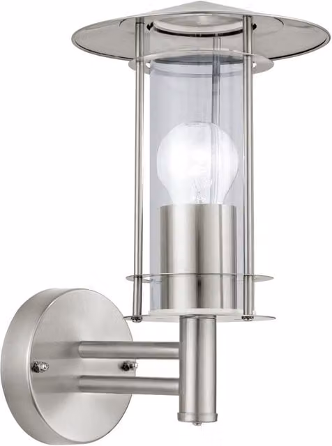 Loops IP44 Outdoor Wall Light in Silver Stainless Steel and Transparent Glass with E27 Bulb Holder