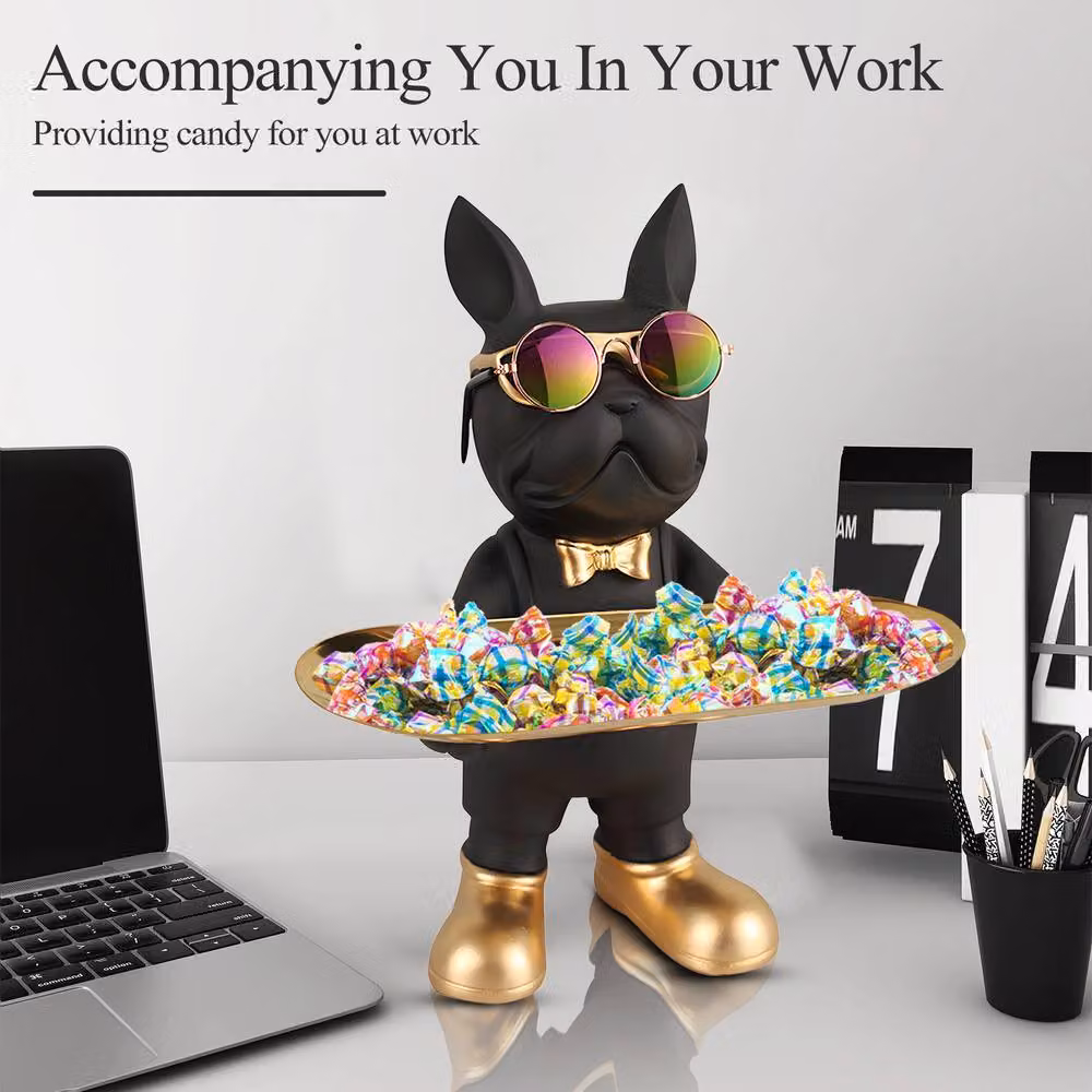 Huhote Black Bulldog Resin Statue Candy Dish and Key Holder Tabletop Decor – 4