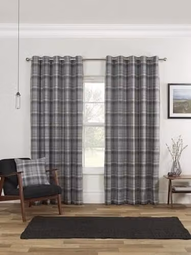 Sundour Checked Blackout Eyelet Curtains in Grey, W: 117 cm, H: 137 cm – 1