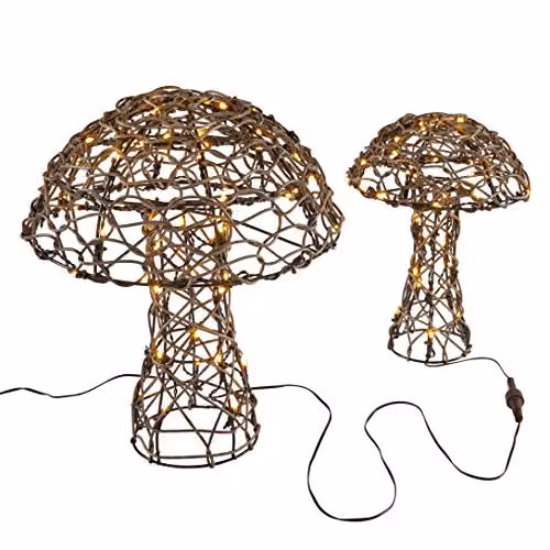 Lights4fun Rattan Mushroom LED Garden Lights Duo in White and Brown, Height: 40 cm – 3