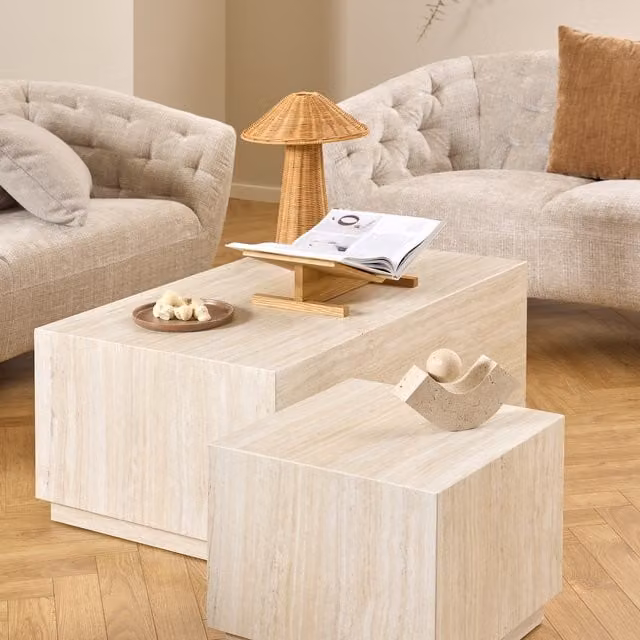 Furniture To Go Dice Set of 2 Square and Rectangular Travertine Coffee Tables in Beige