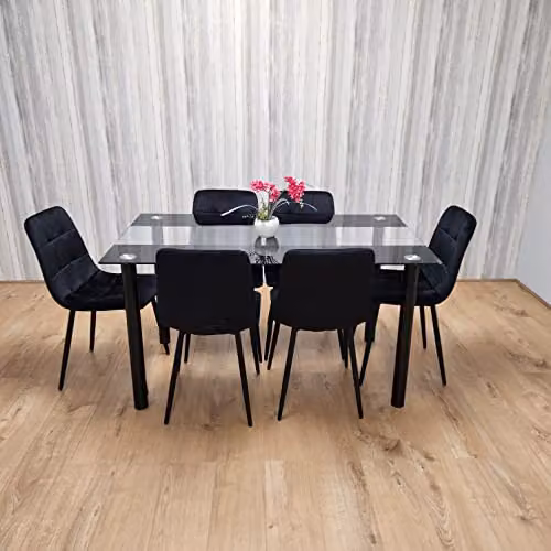 Kosy Koala Black and Transparent Glass Dining Set with 6 Black Tufted Velvet Chairs, W: 140 cm, D: 80 cm, H: 75 cm – 1