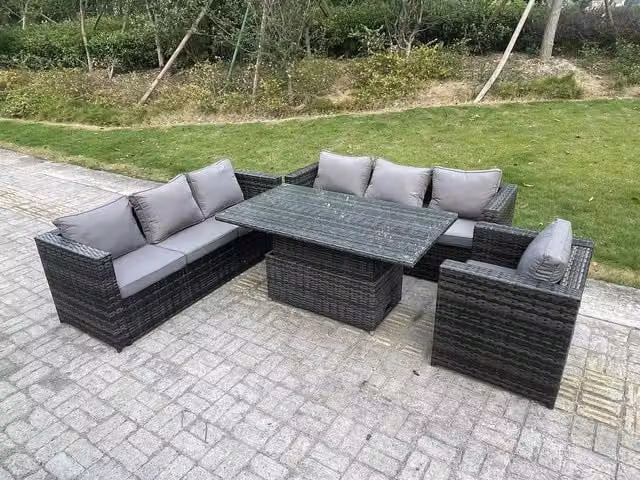 Fimous 7 Seater Rattan Garden Furniture Set with Adjustable Rising Lifting Dining Table in Dark Grey