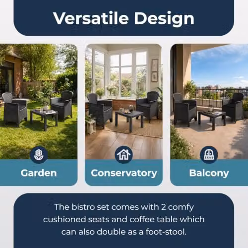 idooka 3 Piece Rattan Wicker Effect Bistro Set in Anthracite Grey, including Square Coffee Table and 2 Chairs for Garden, Balcony or Terrace – 3