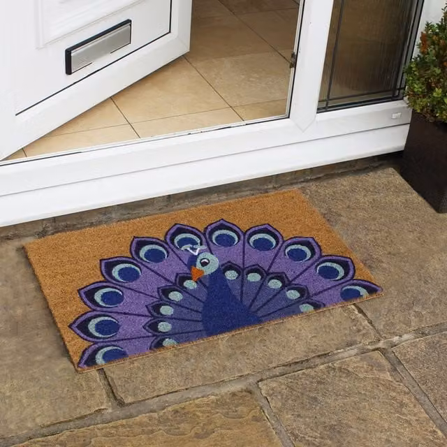 JVL Multicolour Peacock Graphic Coir Door Mat, Brown