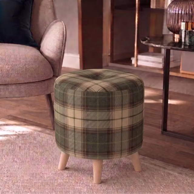 Nexus Mattresses Ltd Round Button Footstool in Olive Green Tartan Fabric with Natural Angled Feet