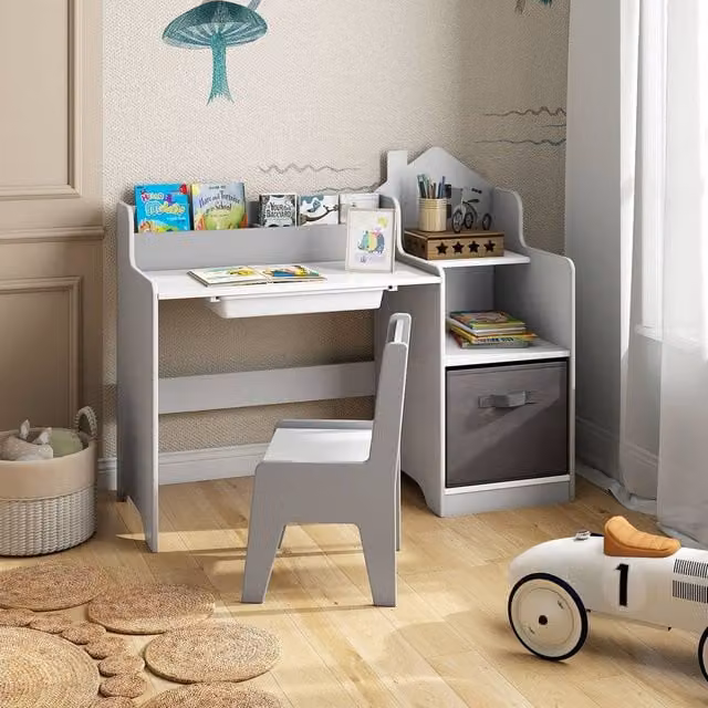 Costway Kids Study Desk and Chair Set with Shelves in Grey Wood