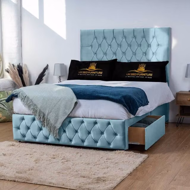 UK Bed Furniture Monaco Divan Bed with 2 Drawers and 26 Inch Headboard in Light Blue Velvet, W/D/H: 120 x 200 cm