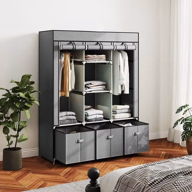 Kelvenix Light Grey Fabric Wardrobe with 5 Shelves and Roll Shutter Doors – 1