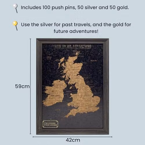 Splosh UK and Ireland Travel Map Pin Board with Black Cork and Wooden Frame, H 59 cm x W 59 cm x D 7 cm – 4