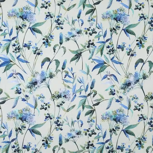 Linda Barker Yarrows Floral Cotton Fabric in Midnight Silver, Blue and Grey