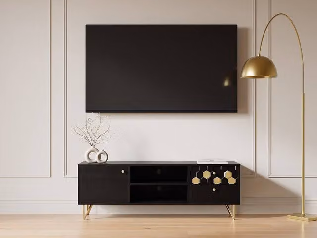 Vente-unique Modern Mango Wood and Metal TV Stand with 1 Door, 2 Drawers and 2 Shelves in Black and Gold, W/D/H: 130 x 40 x 50 cm – 1