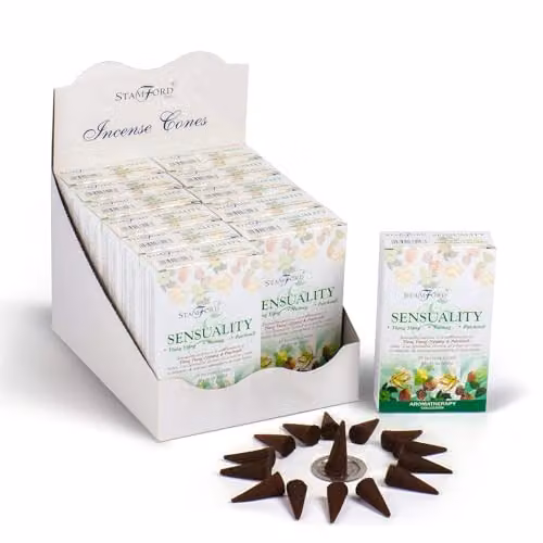 Ancient Wisdom Sensuality Incense Cones with Ylang Ylang, Nutmeg and Patchouli, 12 Pack with Metal Incense Holder, White and Brown