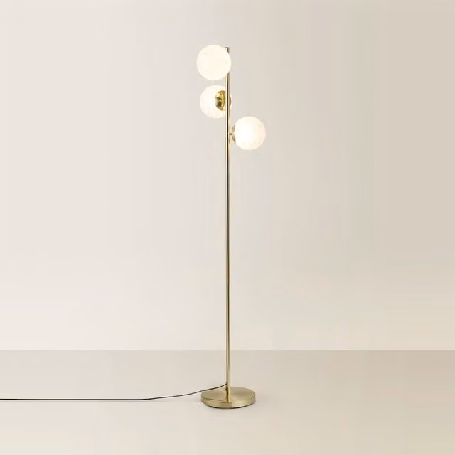 ValueLights Jas Gold Floor Lamp with White Confetti Glass Globe Shades and Bulbs – 1