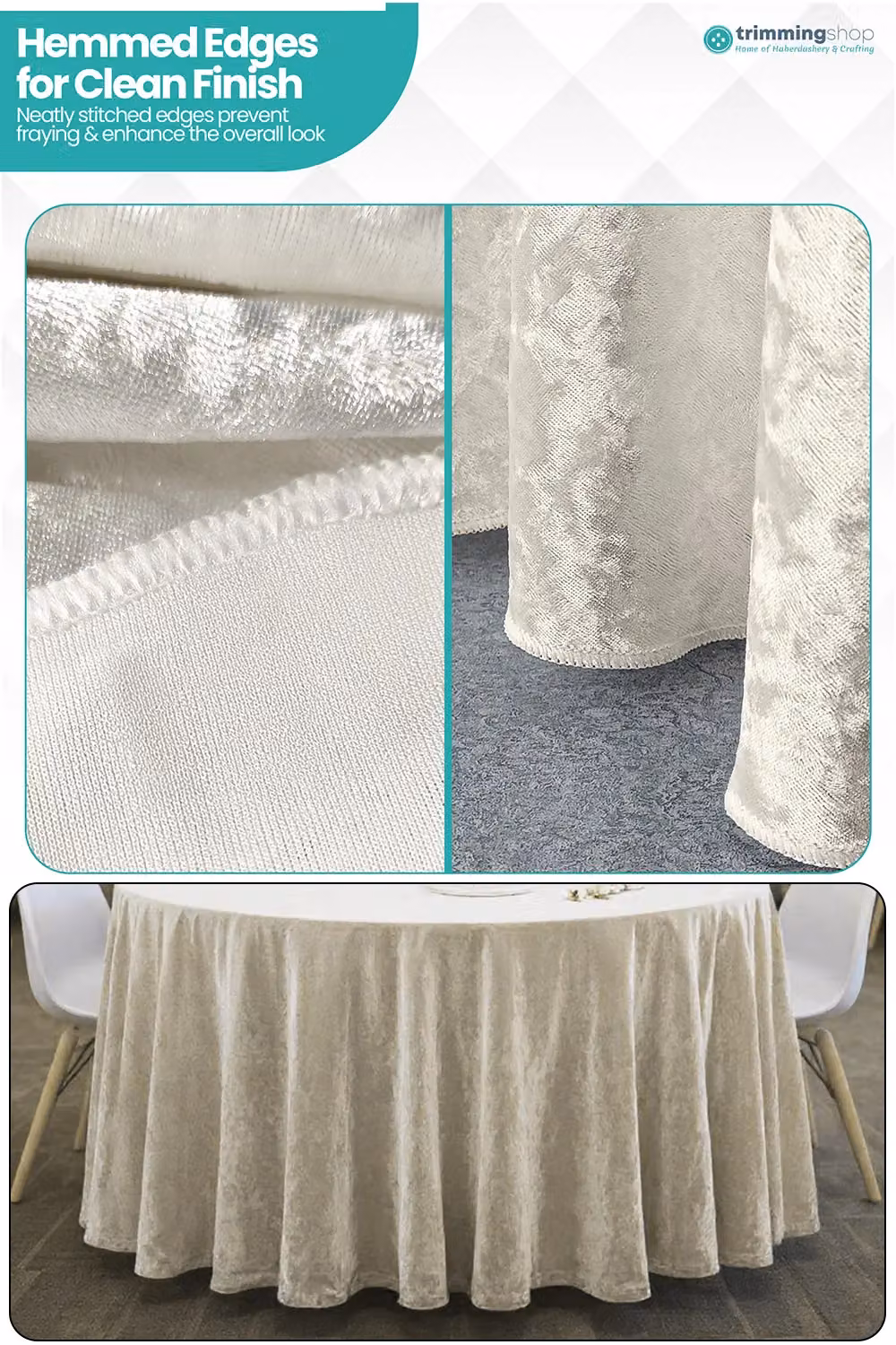 Neel Blue Diamond Velvet Round Tablecloth in Beige, Diameter: 304.8 cm – 2
